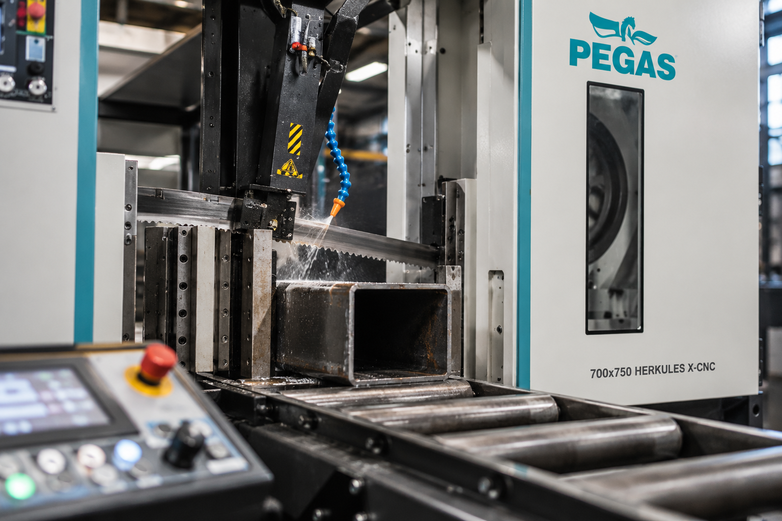 Metaal zagen met een industriële Pegas-Gonda bandzaagmachine